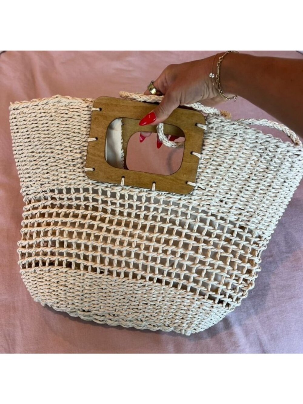 Cream Woven Straw Wooden Handle Tote Bag